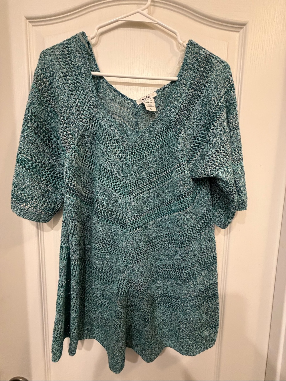 Isela Teal Pointelle Open Knit Cold Shoulder Tunic Sweater Large